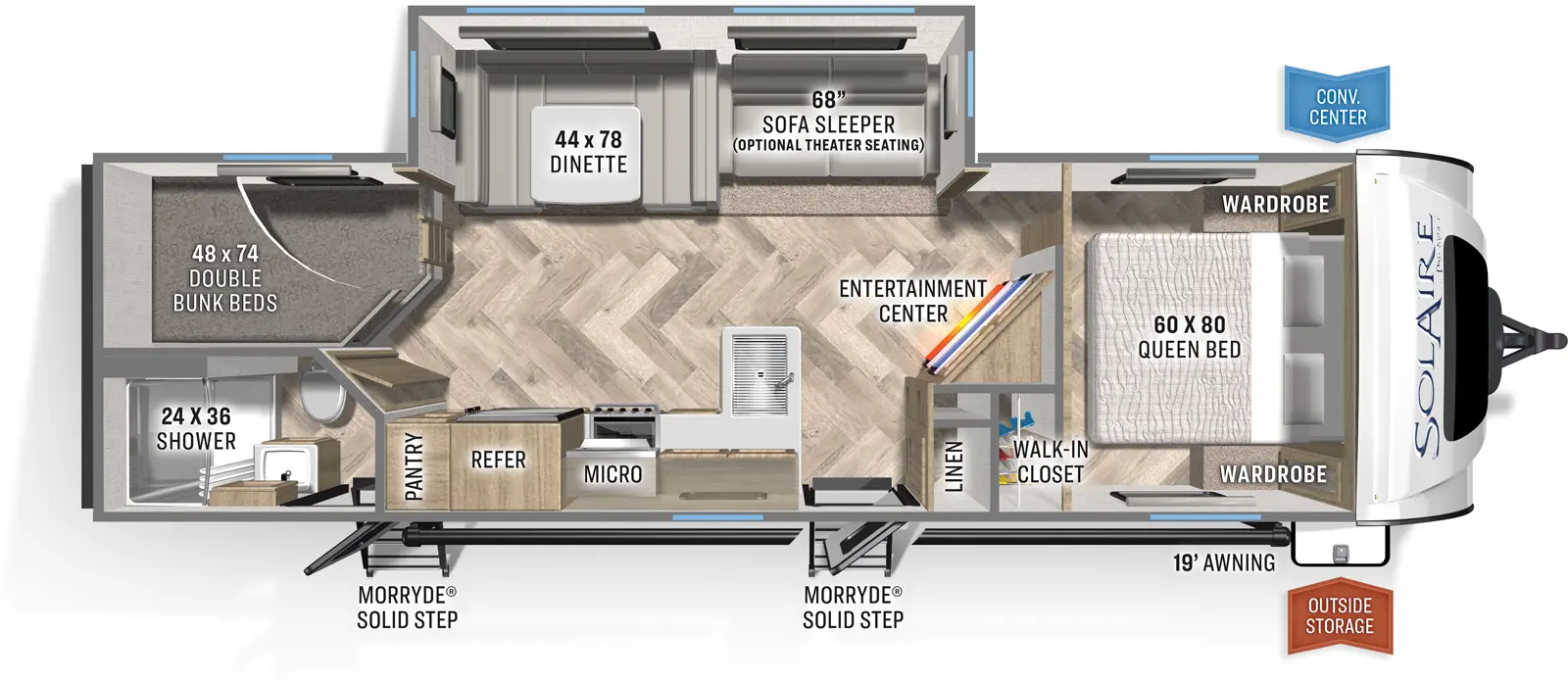 The 294DBHS has one slideout and two entries. Exterior features a 19 foot awning, outside storage, convenience center, and MORryde Solid Steps at each entry. Interior layout front to back: foot-facing queen bed with wardrobes on each side, and a walk-in closet on the door side; angled entertainment center and linen closet along inner wall; off-door side slideout with sofa sleeper (optional theater seating) and dinette; door side entry, peninsula kitchen counter with sink, overhead cabinet, microwave, refrigerator and pantry; off-door side rear double bunk beds; rear door side full bathroom with second entry.